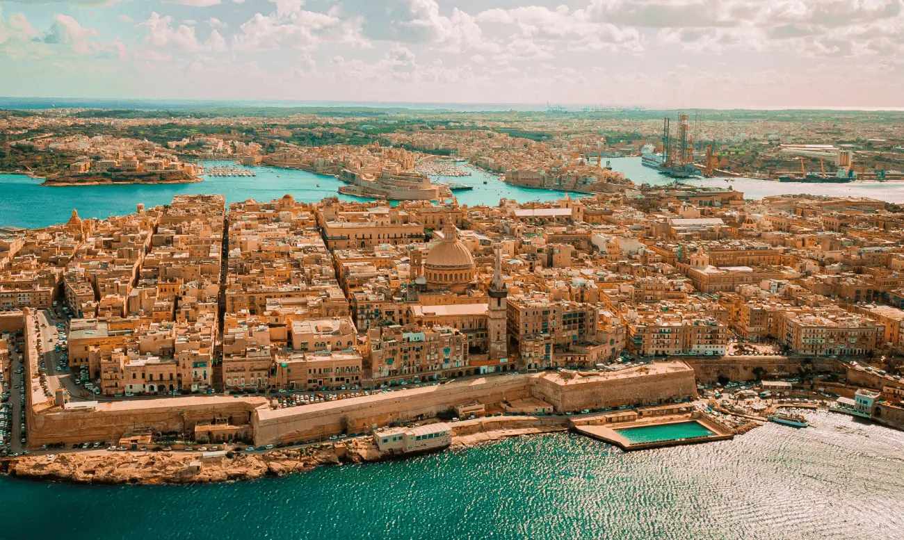 AerialVallettaShot An aerial shot of Valletta, with the Three Cities In the background.