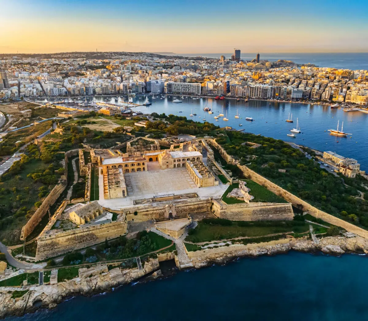 An aerial shot of the Gzira promenade, including Manoel island. A prime location for a high end Malta stay.