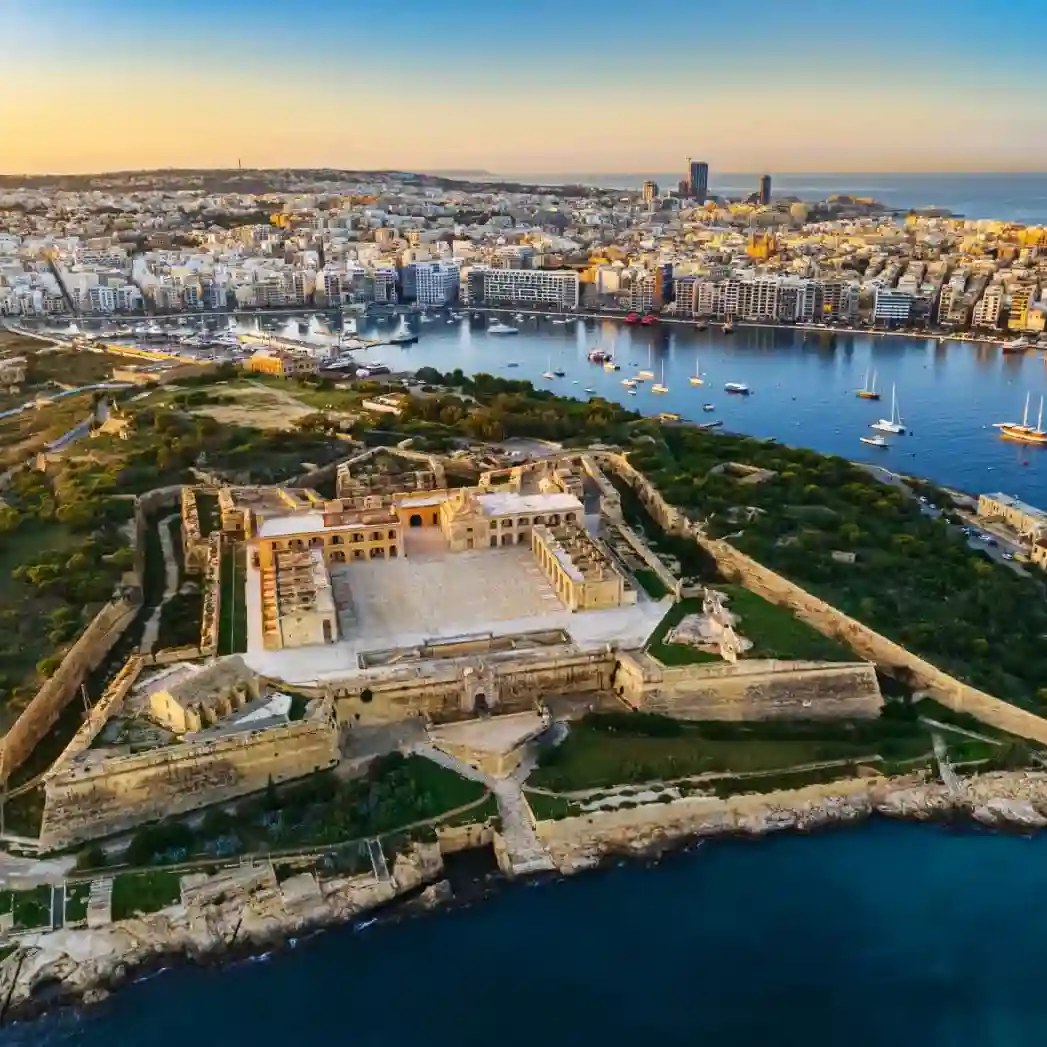 Gzira Promenade & Manoel Island An aerial shot of the Gzira promenade, including Manoel island. A prime location for a high end Malta stay.